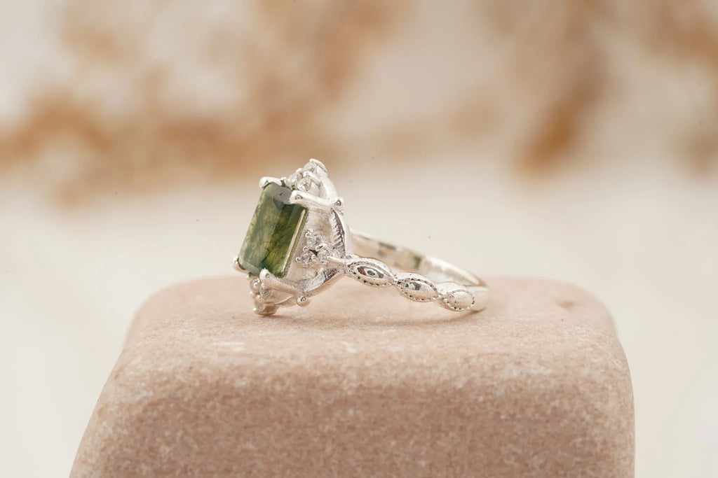 Vintage Emerald Cut Moss Agate Moissanite Engagement Ring - MinimalistJewels