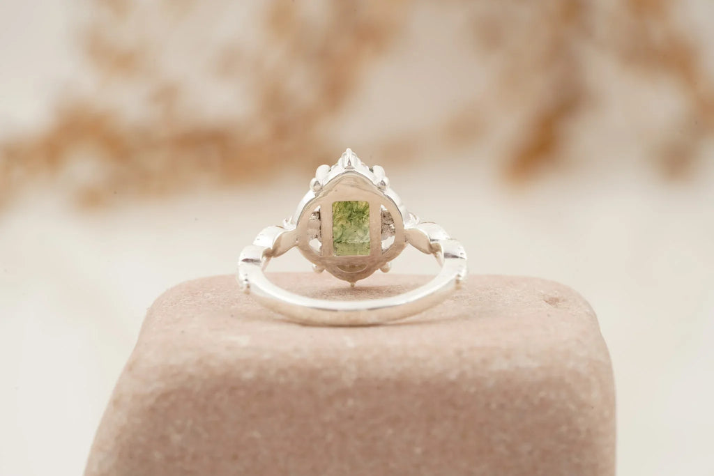 Vintage Emerald Cut Moss Agate Moissanite Engagement Ring - MinimalistJewels