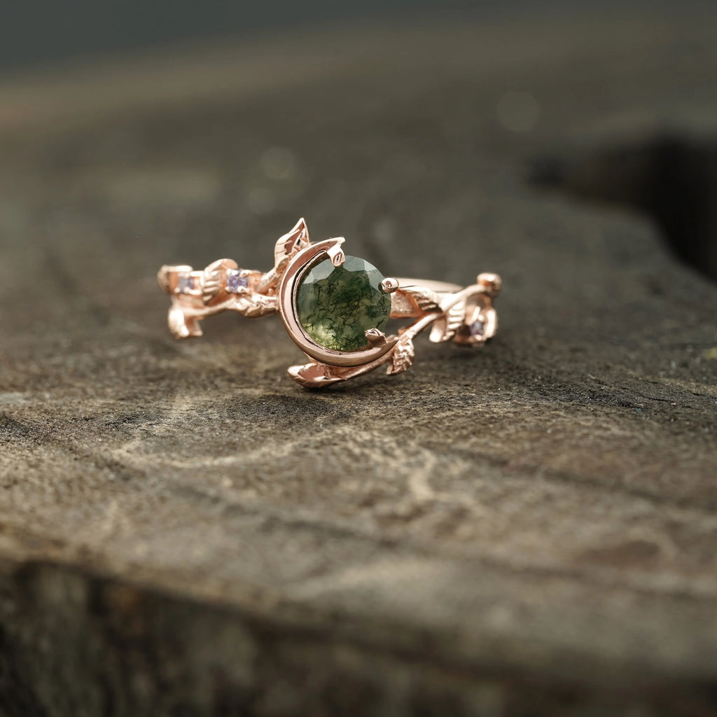 Round Natural Moss Agate Leaf Design Engagement Ring - MinimalistJewels