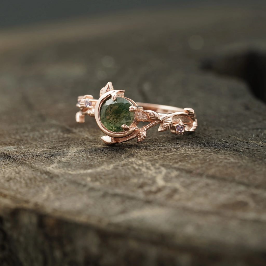 Round Natural Moss Agate Leaf Design Engagement Ring - MinimalistJewels
