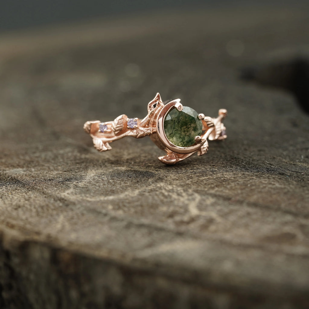 Round Natural Moss Agate Leaf Design Engagement Ring - MinimalistJewels