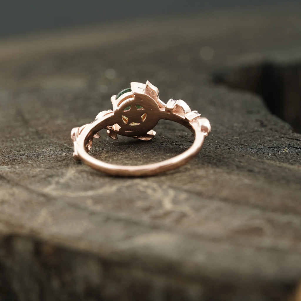 Round Natural Moss Agate Leaf Design Engagement Ring - MinimalistJewels