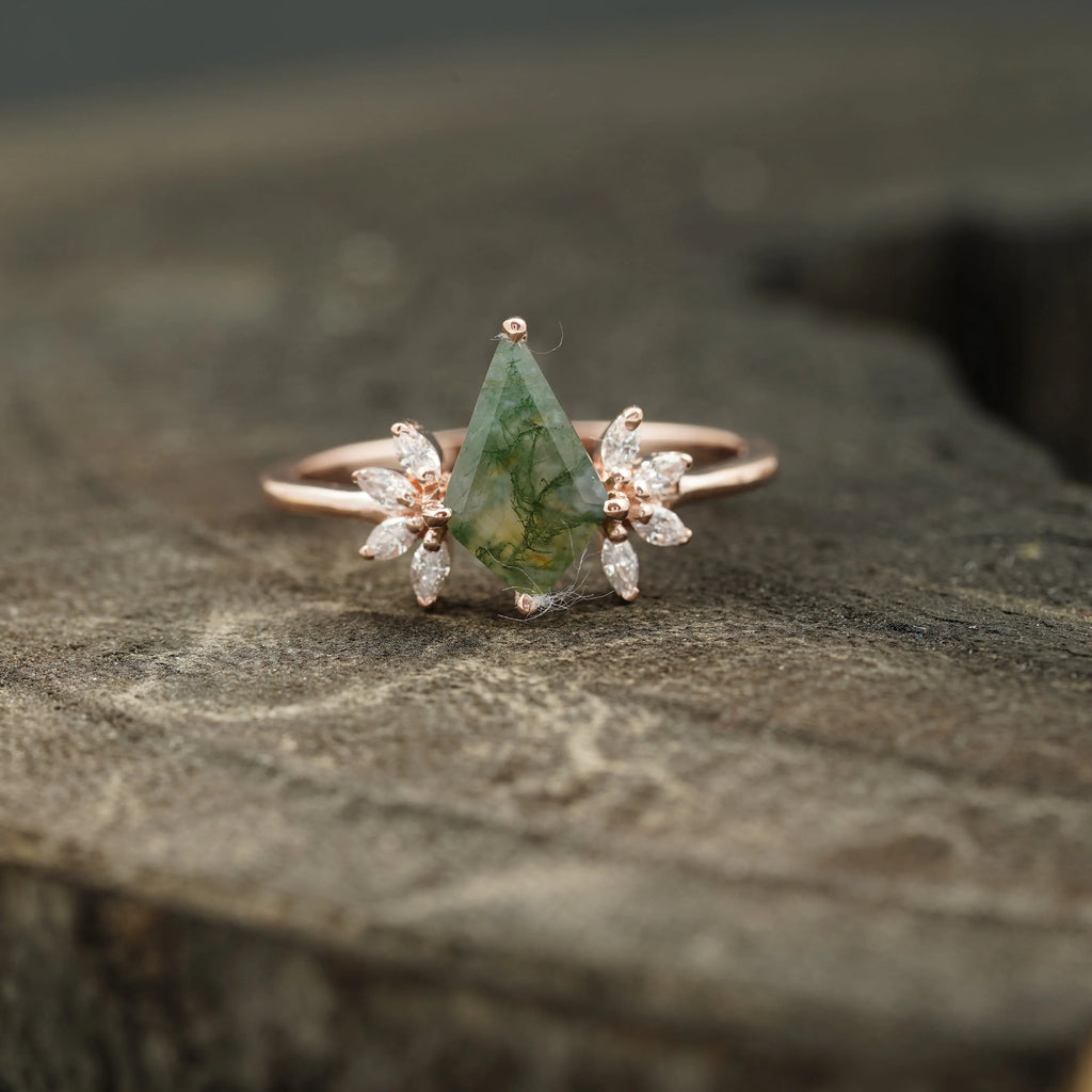 Kite Shaped Moss Agate Marquise Diamond Engagement Ring - MinimalistJewels