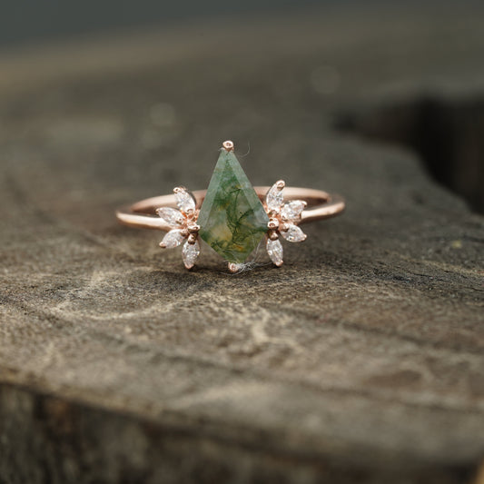 Kite Shaped Moss Agate Marquise Diamond Engagement Ring