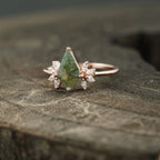 Kite Shaped Moss Agate Marquise Diamond Engagement Ring - MinimalistJewels
