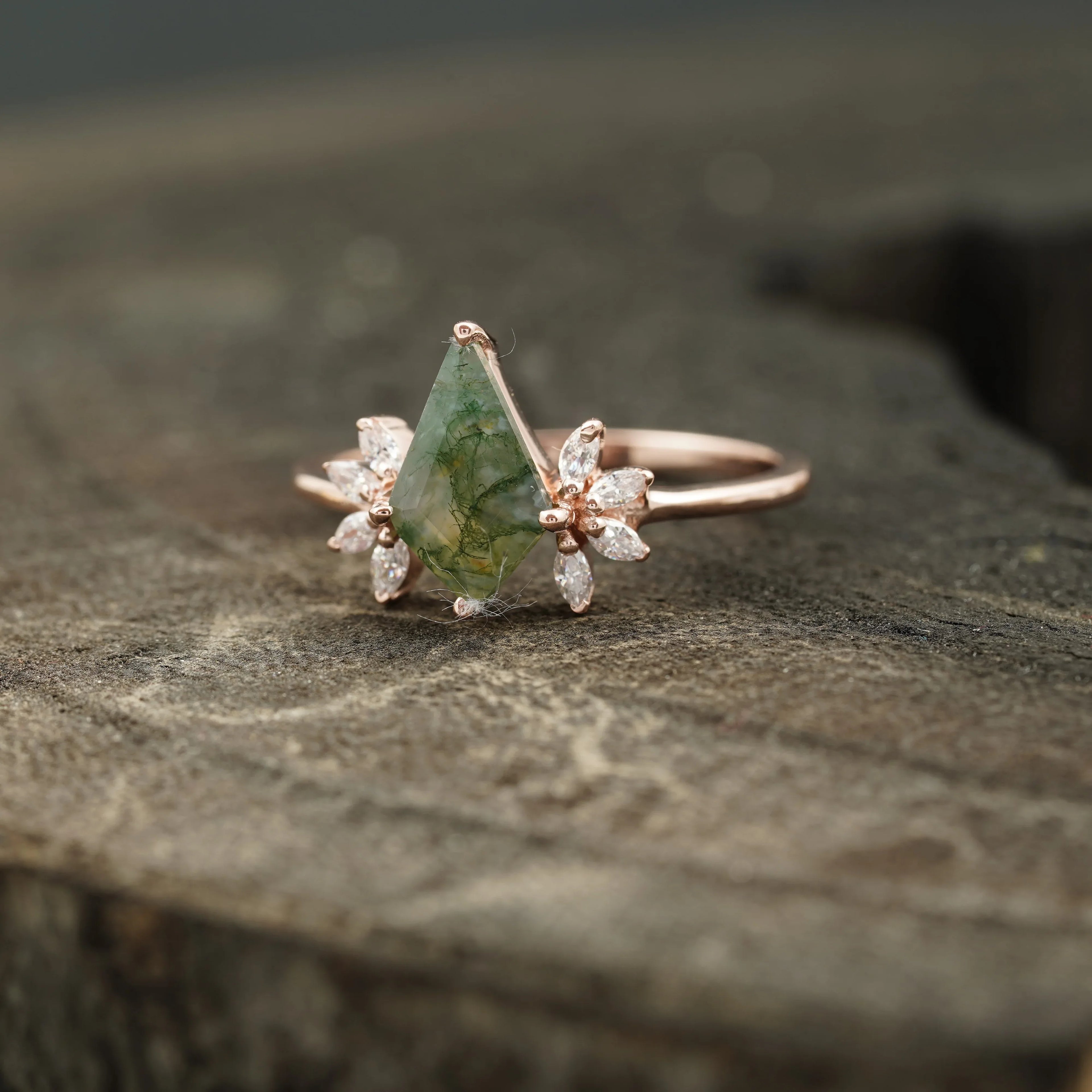 Kite Shaped Moss Agate Marquise Diamond Engagement Ring - MinimalistJewels