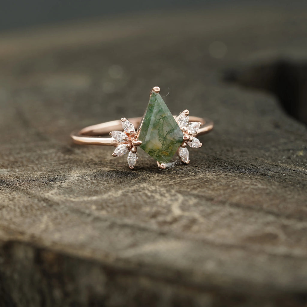 Kite Shaped Moss Agate Marquise Diamond Engagement Ring - MinimalistJewels