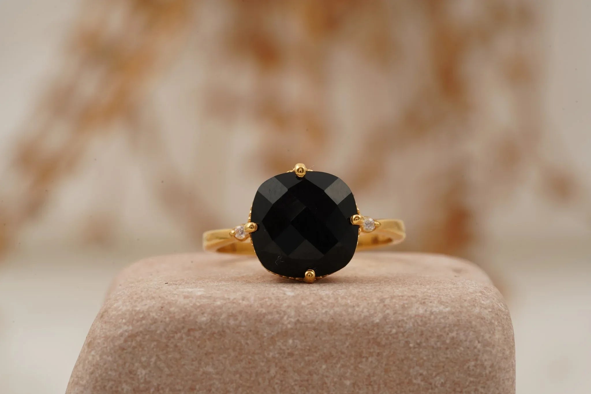 Cushion Black Onyx Vermeil Engagement Ring - MinimalistJewels