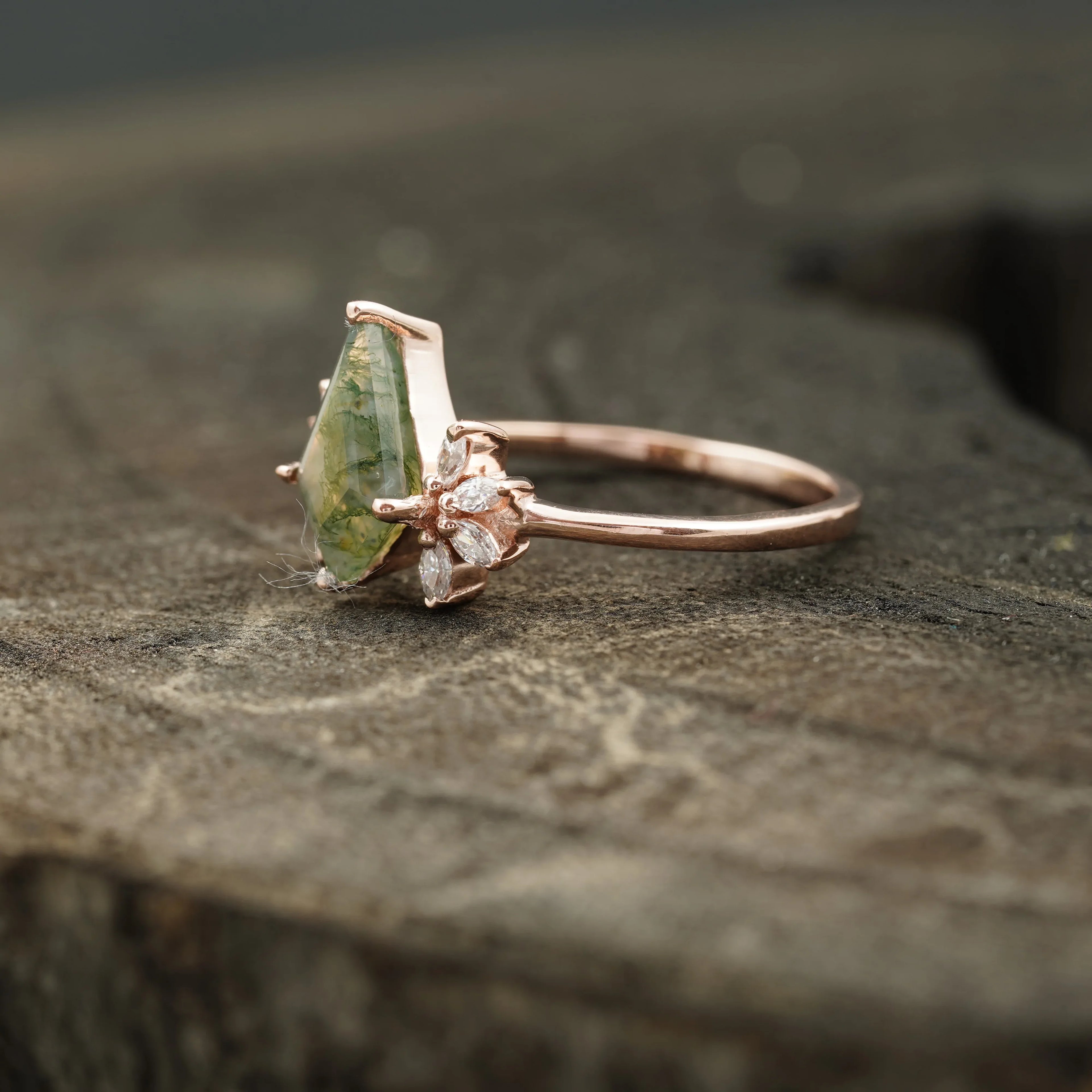 Kite Shaped Moss Agate Marquise Diamond Engagement Ring - MinimalistJewels