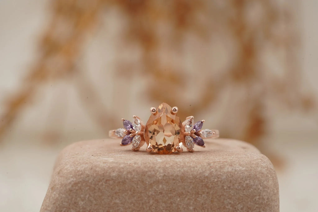 Pear Morganite Cluster Moissanite Alexandrite Ring - MinimalistJewels