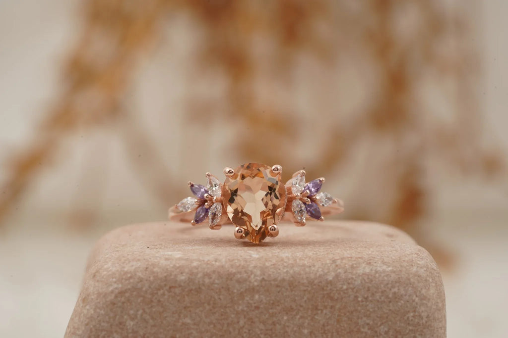 Pear Morganite Cluster Moissanite Alexandrite Ring - MinimalistJewels