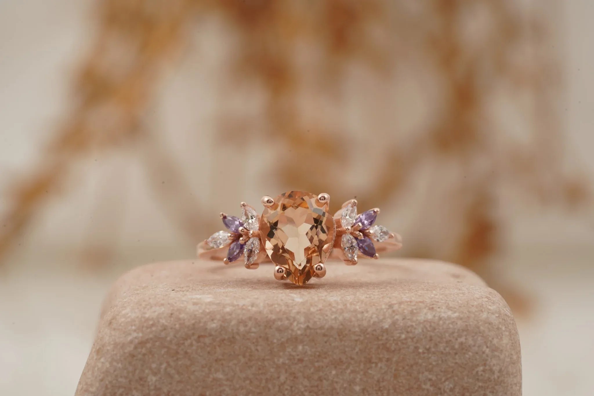 Pear Morganite Cluster Moissanite Alexandrite Ring - MinimalistJewels