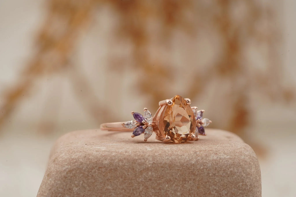 Pear Morganite Cluster Moissanite Alexandrite Ring - MinimalistJewels
