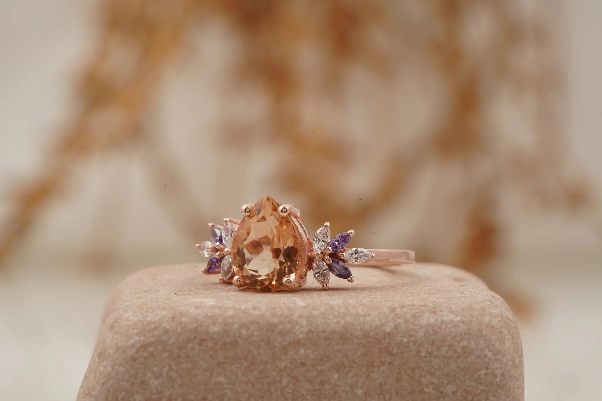 Pear Morganite Cluster Moissanite Alexandrite Ring - MinimalistJewels