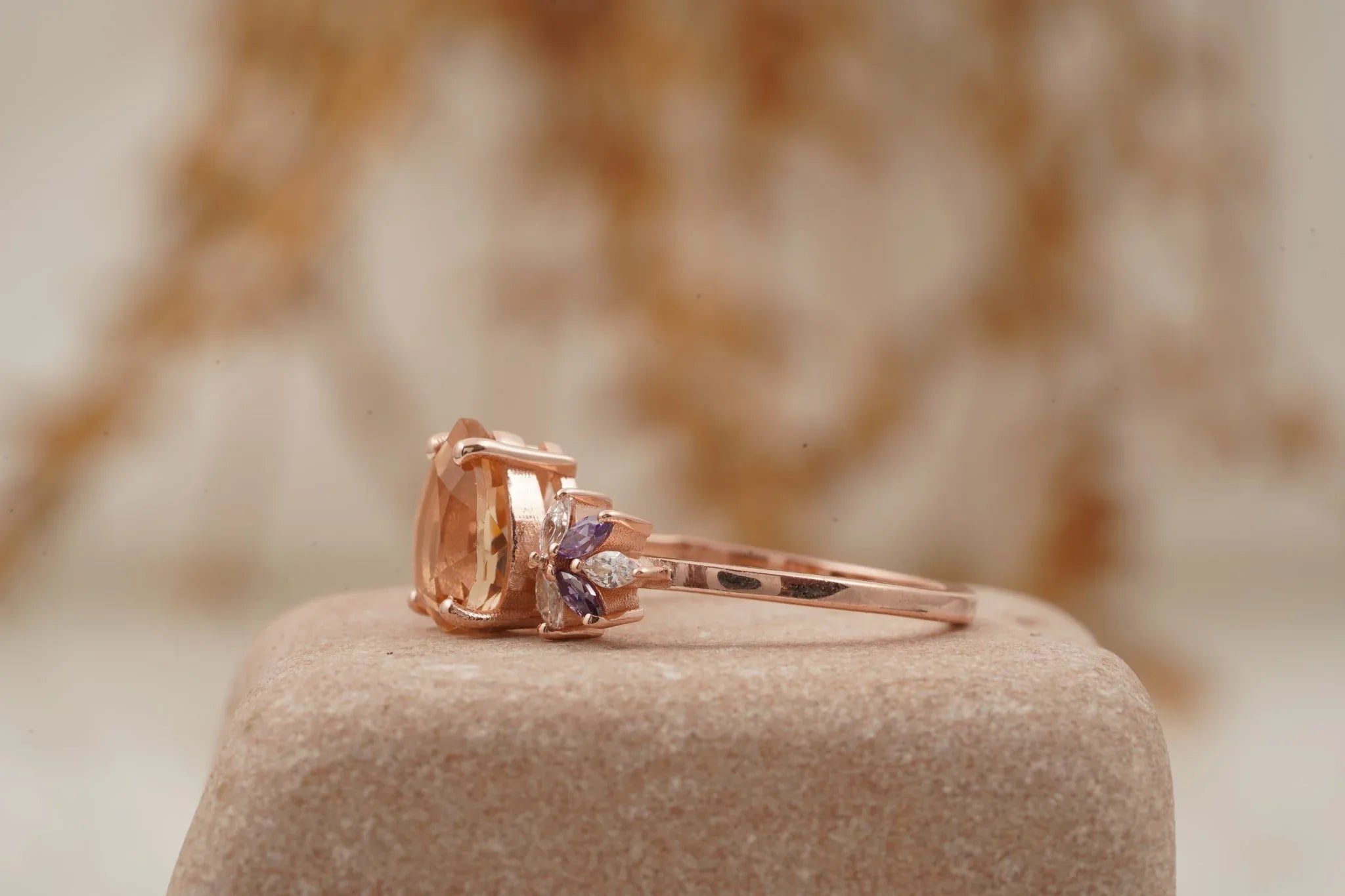 Pear Morganite Cluster Moissanite Alexandrite Ring - MinimalistJewels