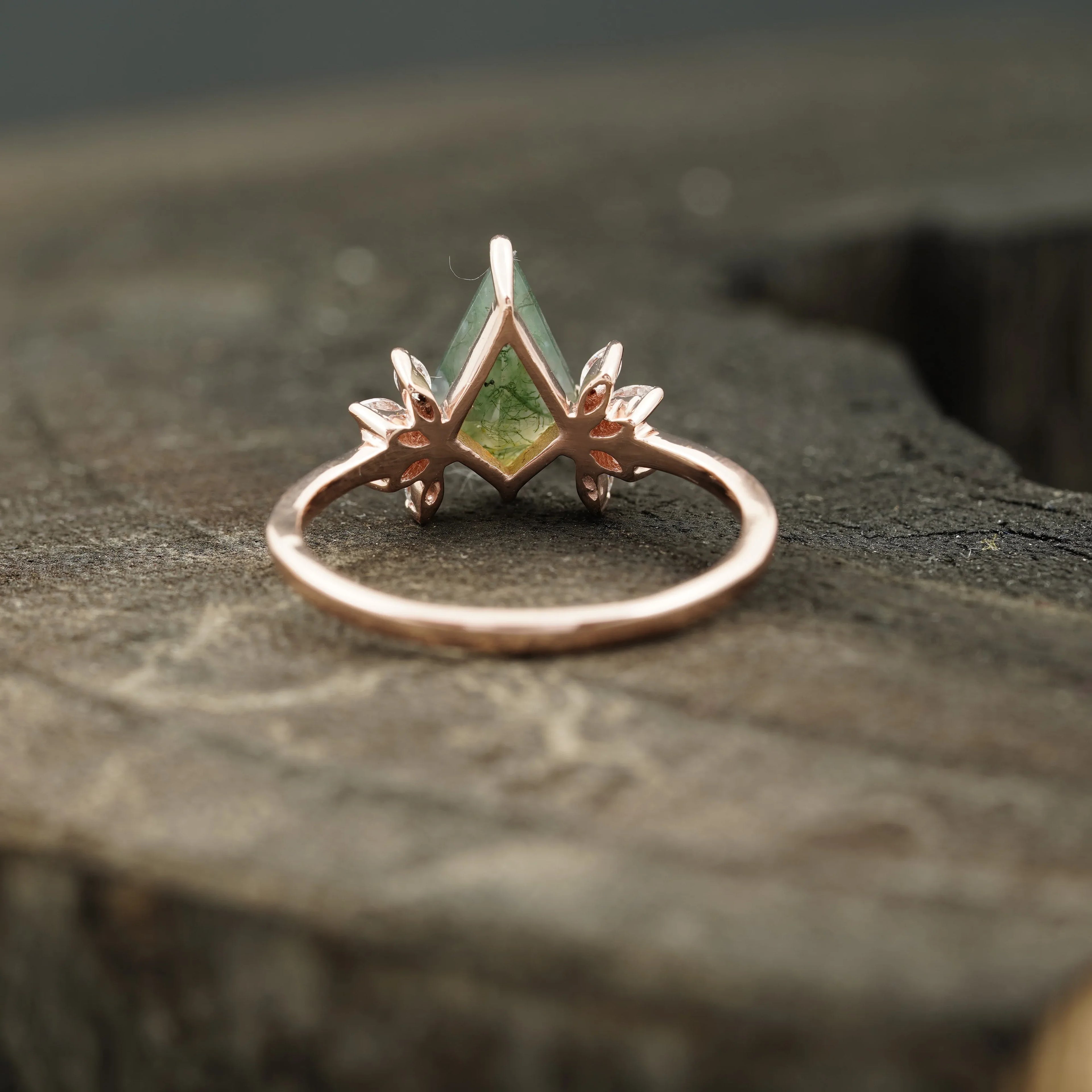 Kite Shaped Moss Agate Marquise Diamond Engagement Ring - MinimalistJewels