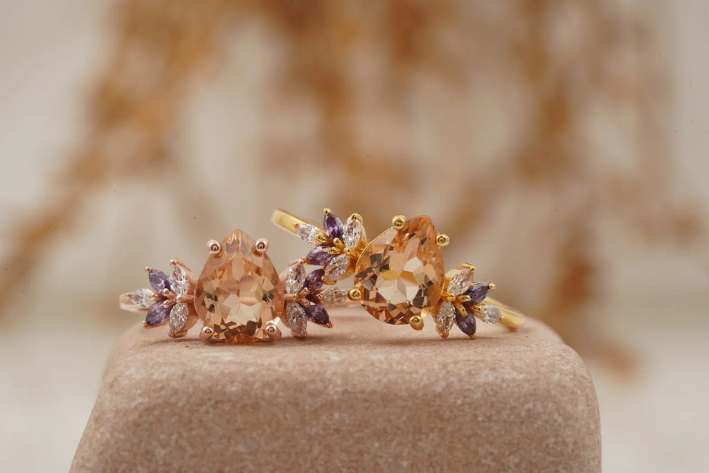 Pear Morganite Cluster Moissanite Alexandrite Ring - MinimalistJewels