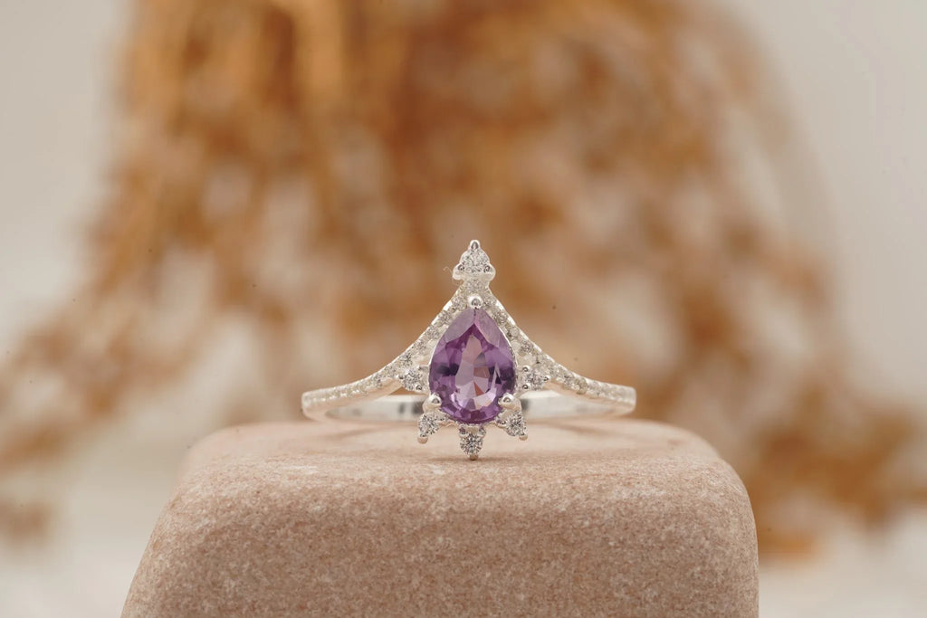 Pear Cut Alexandrite Wedding Band Stacking Diamond Curved Ring - MinimalistJewels