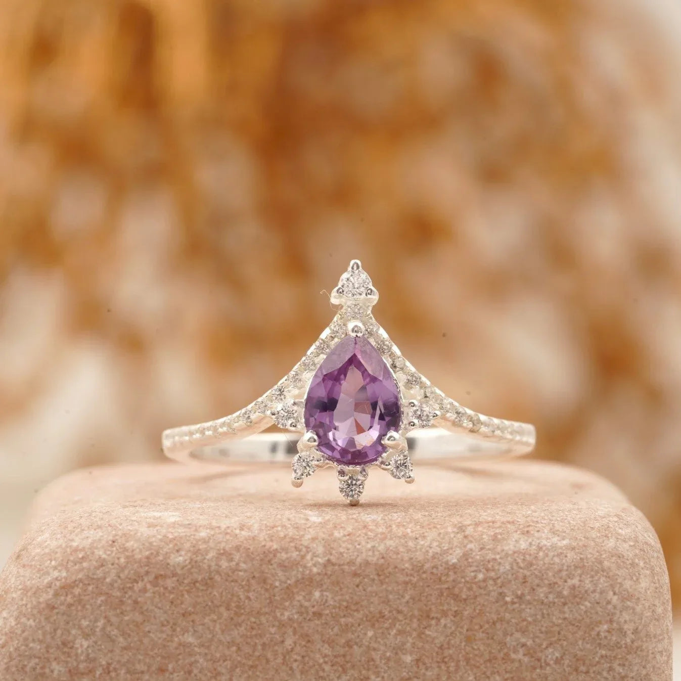 Vintage Pear Amethyst Halo Diamond Engagement Ring - MinimalistJewels