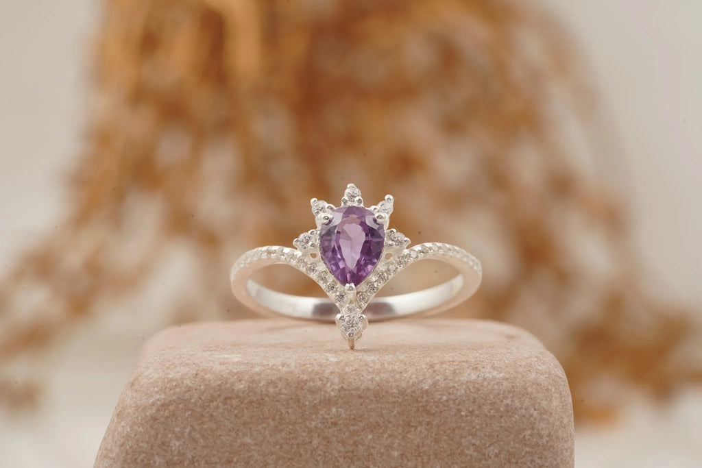 Pear Cut Alexandrite Wedding Band Stacking Diamond Curved Ring - MinimalistJewels