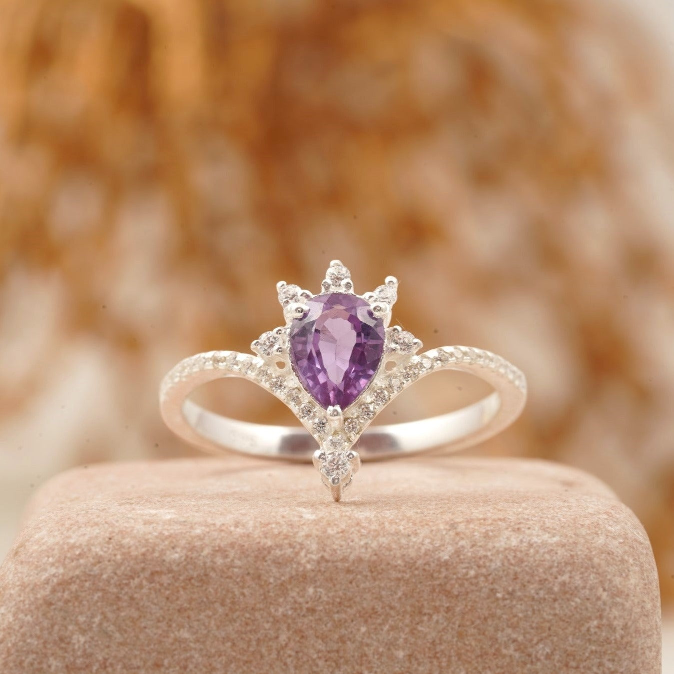 Vintage Pear Amethyst Halo Diamond Engagement Ring Vertical position