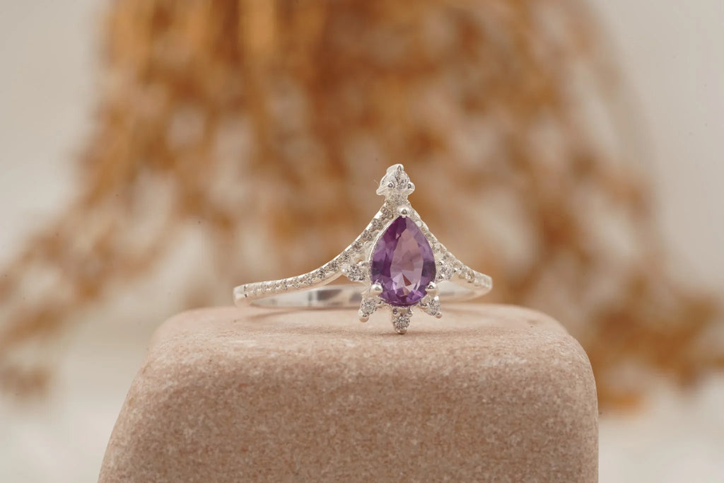 Pear Cut Alexandrite Wedding Band Stacking Diamond Curved Ring - MinimalistJewels