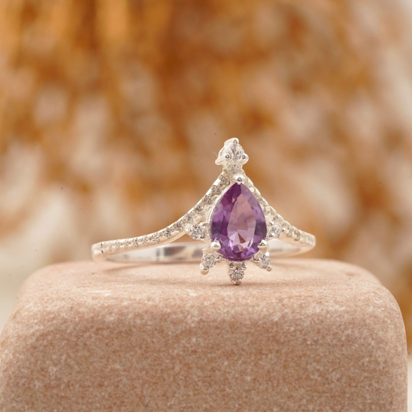 Vintage Pear Amethyst Halo Diamond Engagement Ring Right Angle