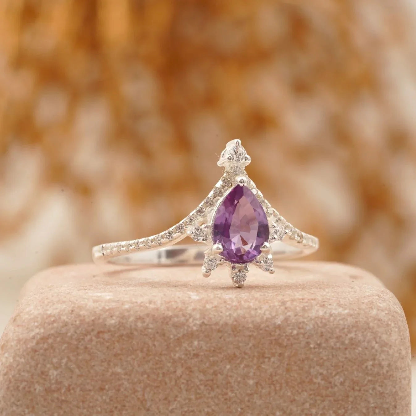 Vintage Pear Amethyst Halo Diamond Engagement Ring - MinimalistJewels