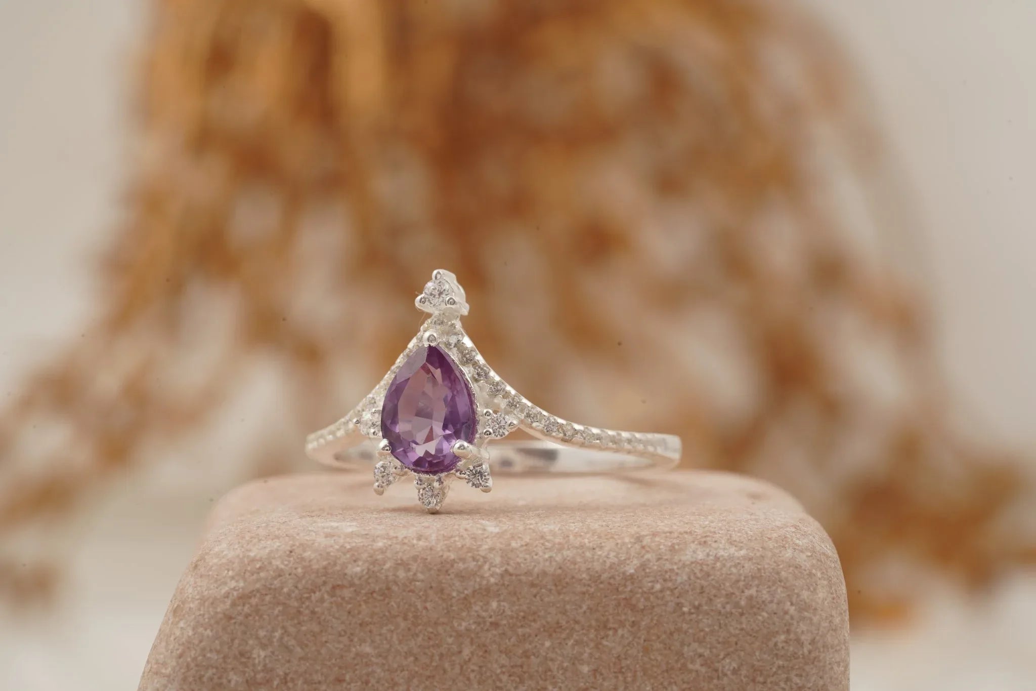 Pear Cut Alexandrite Wedding Band Stacking Diamond Curved Ring - MinimalistJewels