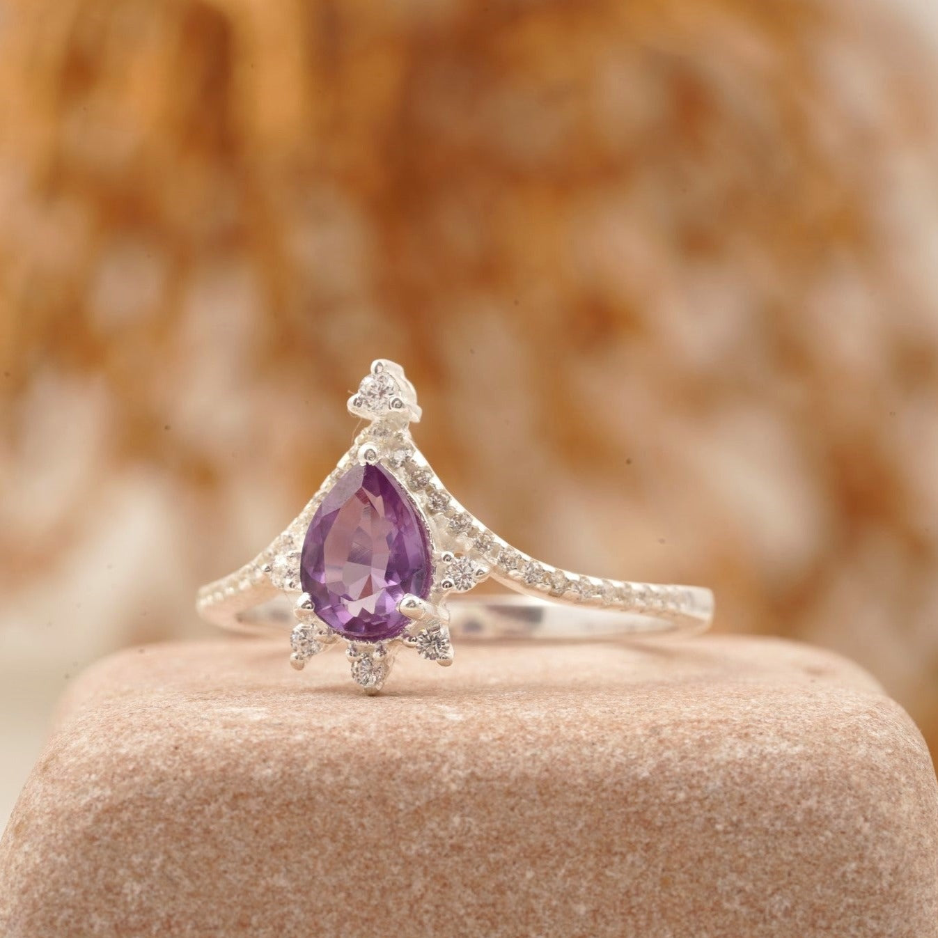 Vintage Pear Amethyst Halo Diamond Engagement Ring Left Angle