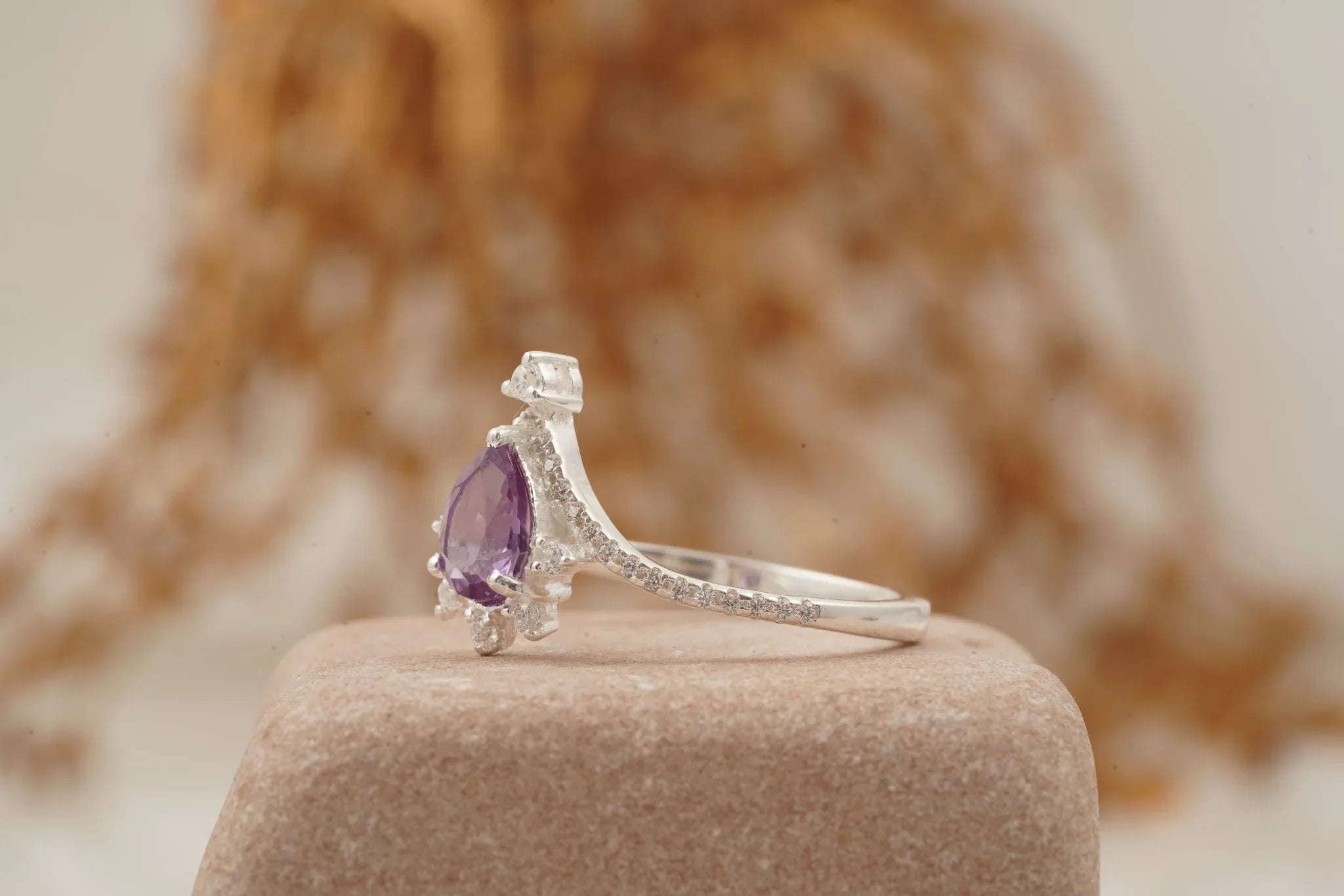 Pear Cut Alexandrite Wedding Band Stacking Diamond Curved Ring - MinimalistJewels