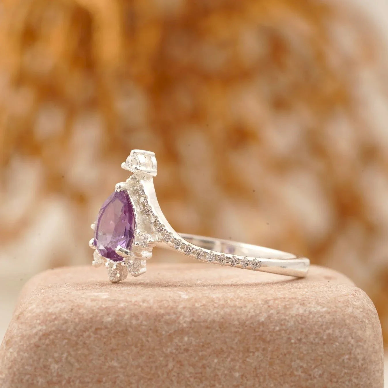Vintage Pear Amethyst Halo Diamond Engagement Ring - MinimalistJewels