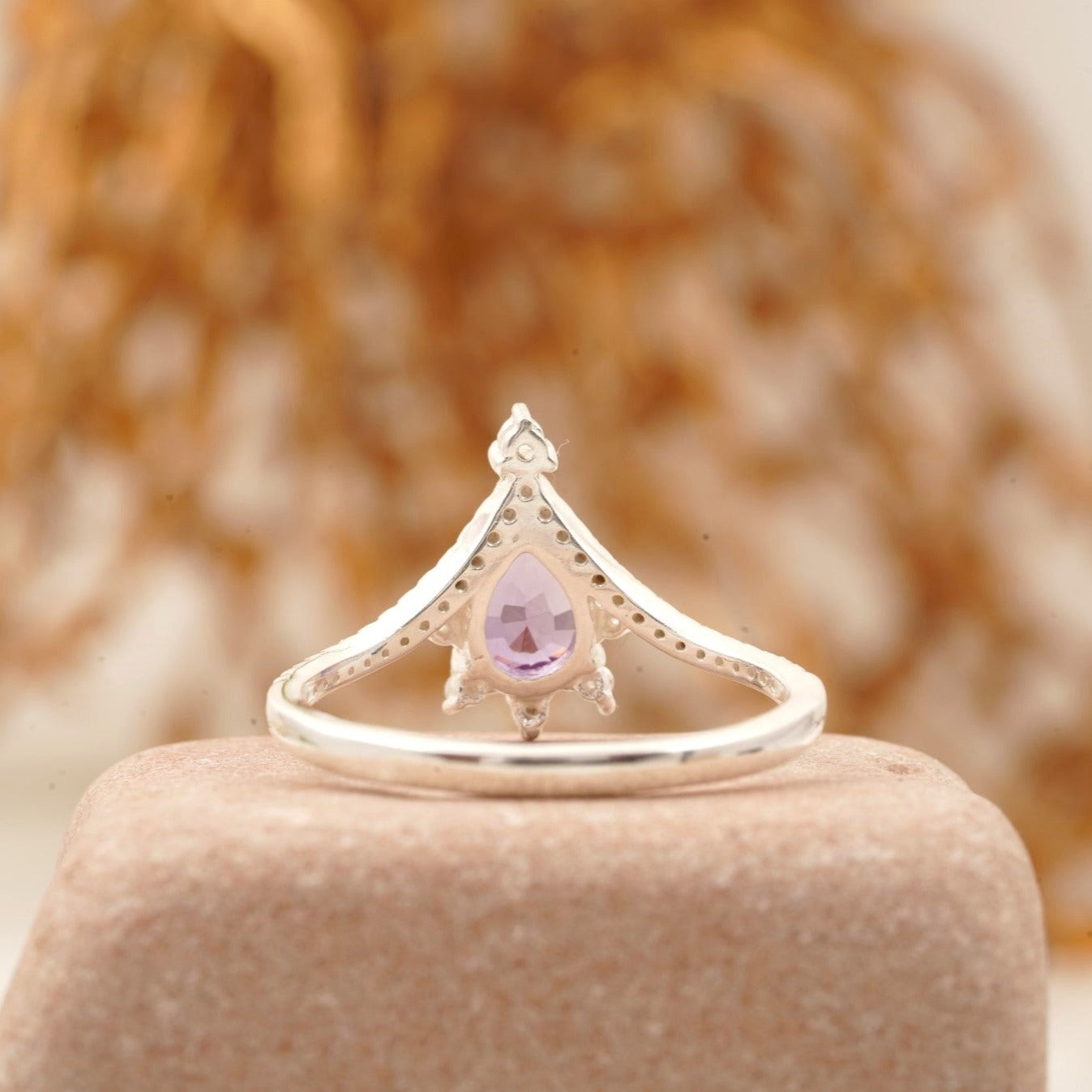 Vintage Pear Amethyst Halo Diamond Engagement Ring Back Side