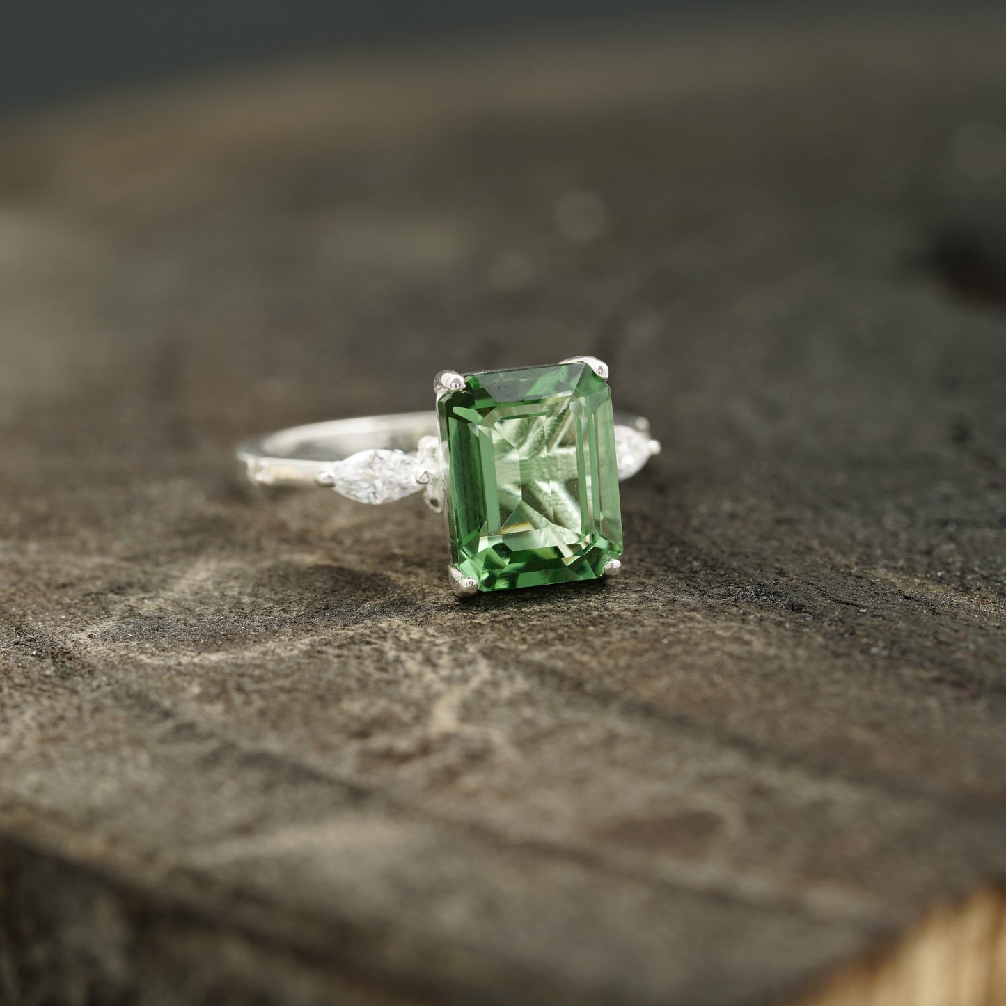 Natural Green Amethyst Prestolite Engagement Ring