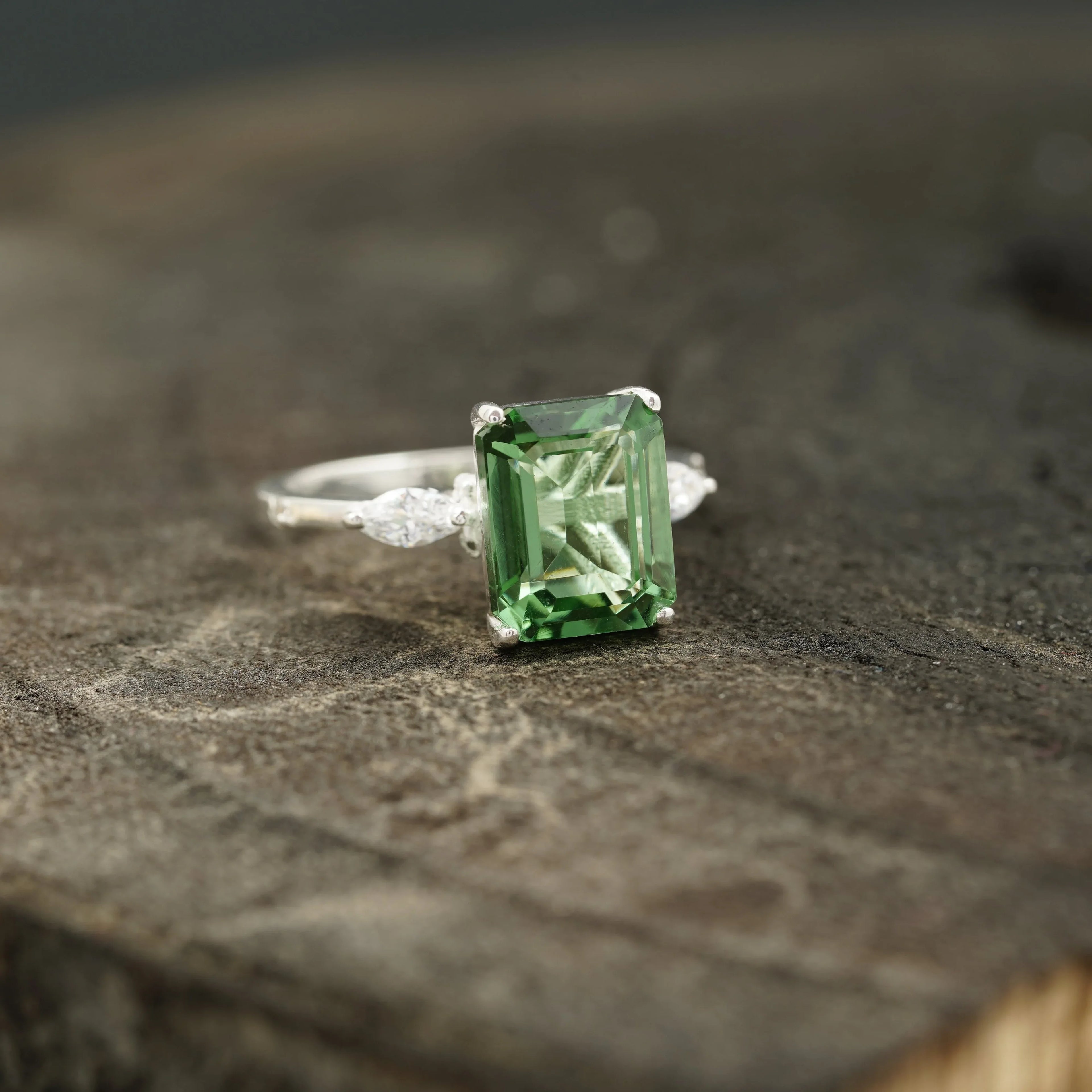 Natural Green Amethyst Prestolite Engagement Ring - MinimalistJewels