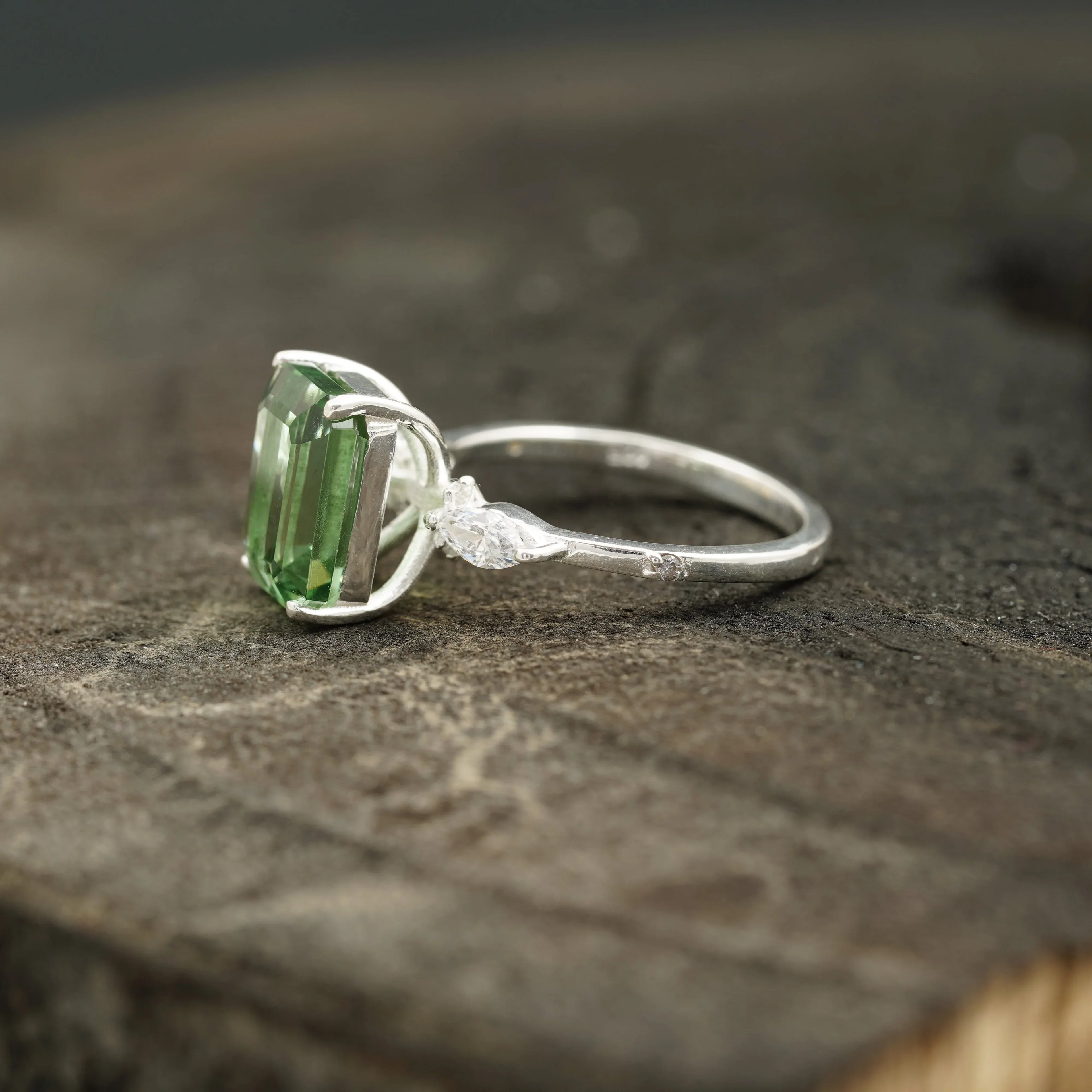 Natural Green Amethyst Prestolite Engagement Ring - MinimalistJewels