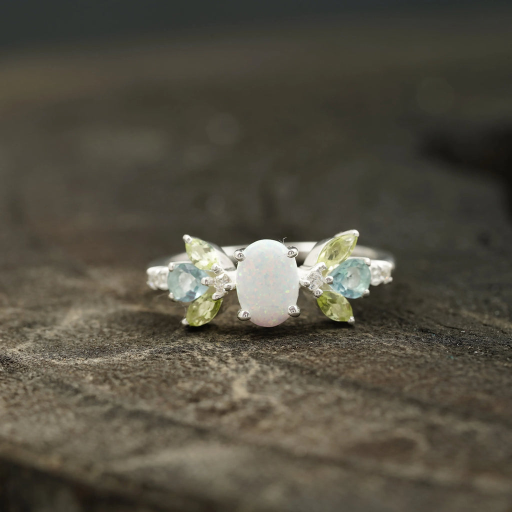 Oval Cut Fire Opal Cluster October Birthstone Engagement Ring - MinimalistJewels