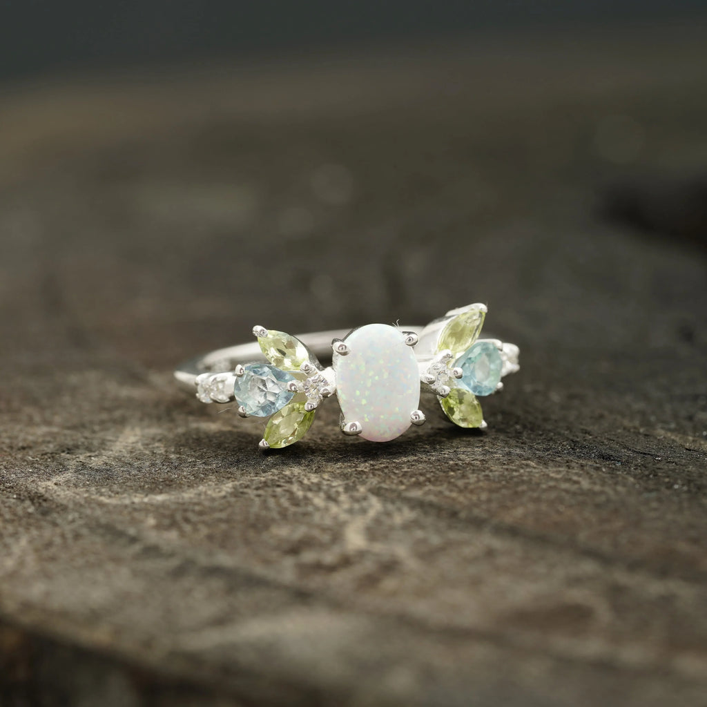 Oval Cut Fire Opal Cluster October Birthstone Engagement Ring - MinimalistJewels