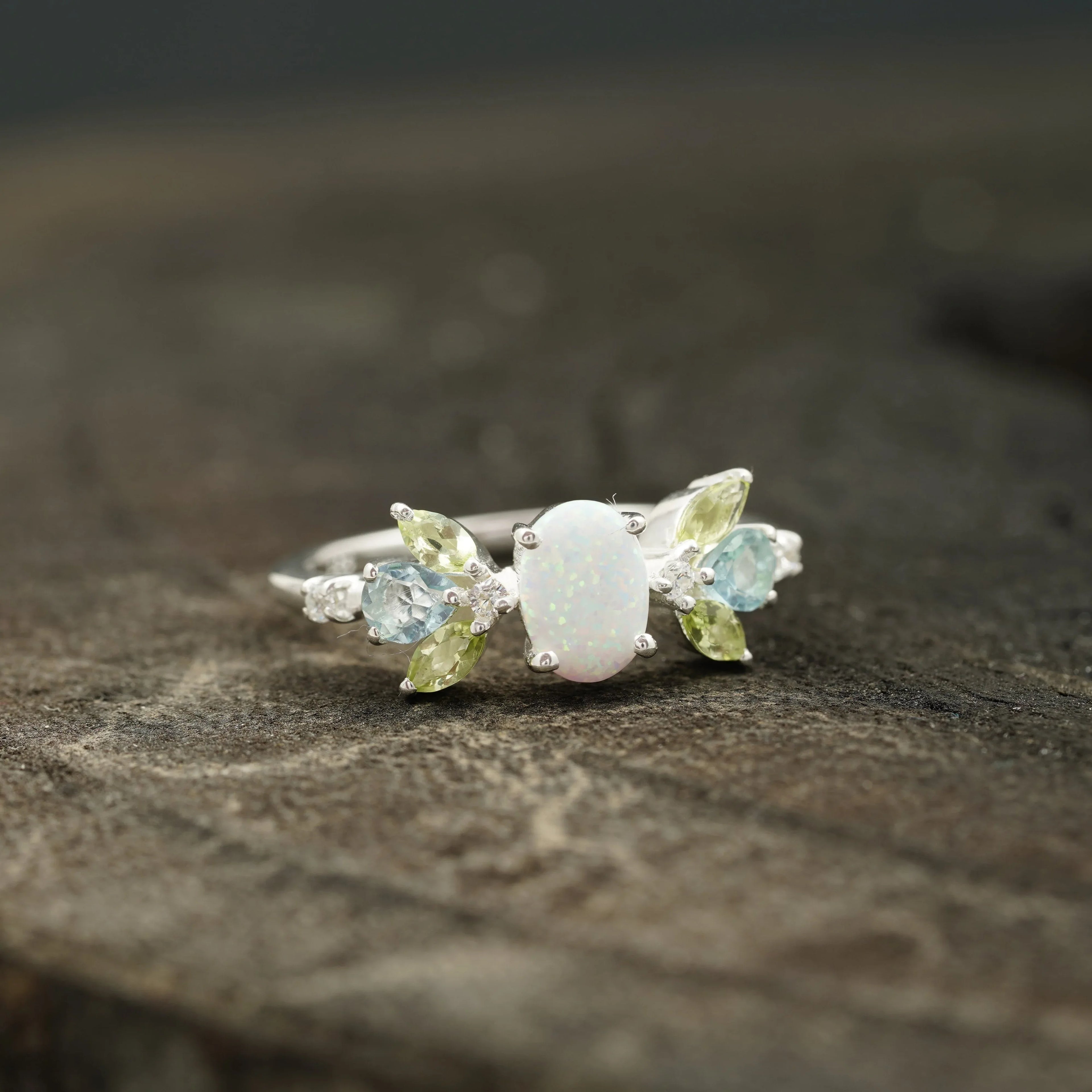 Oval Cut Fire Opal Cluster October Birthstone Engagement Ring - MinimalistJewels