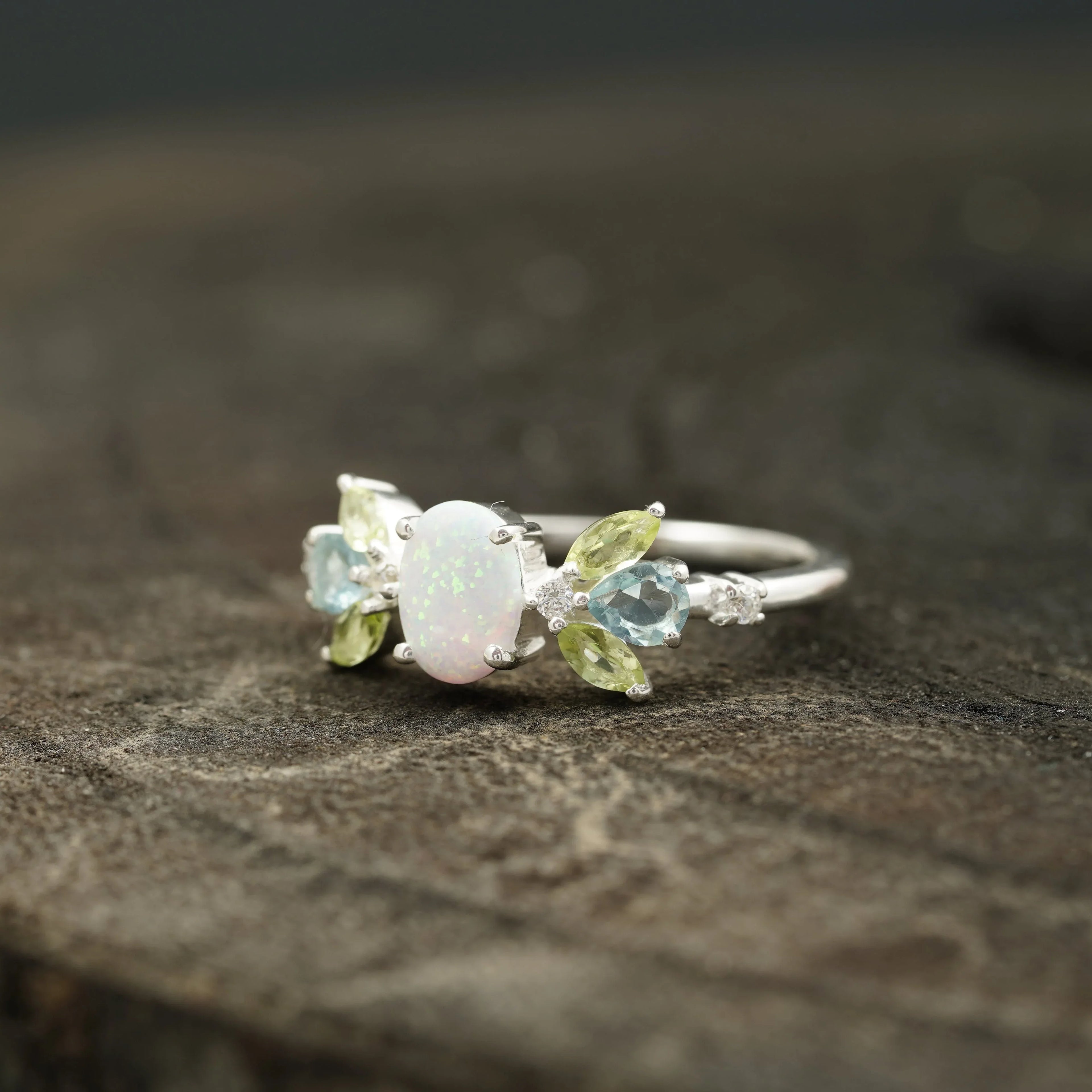 Oval Cut Fire Opal Cluster October Birthstone Engagement Ring - MinimalistJewels