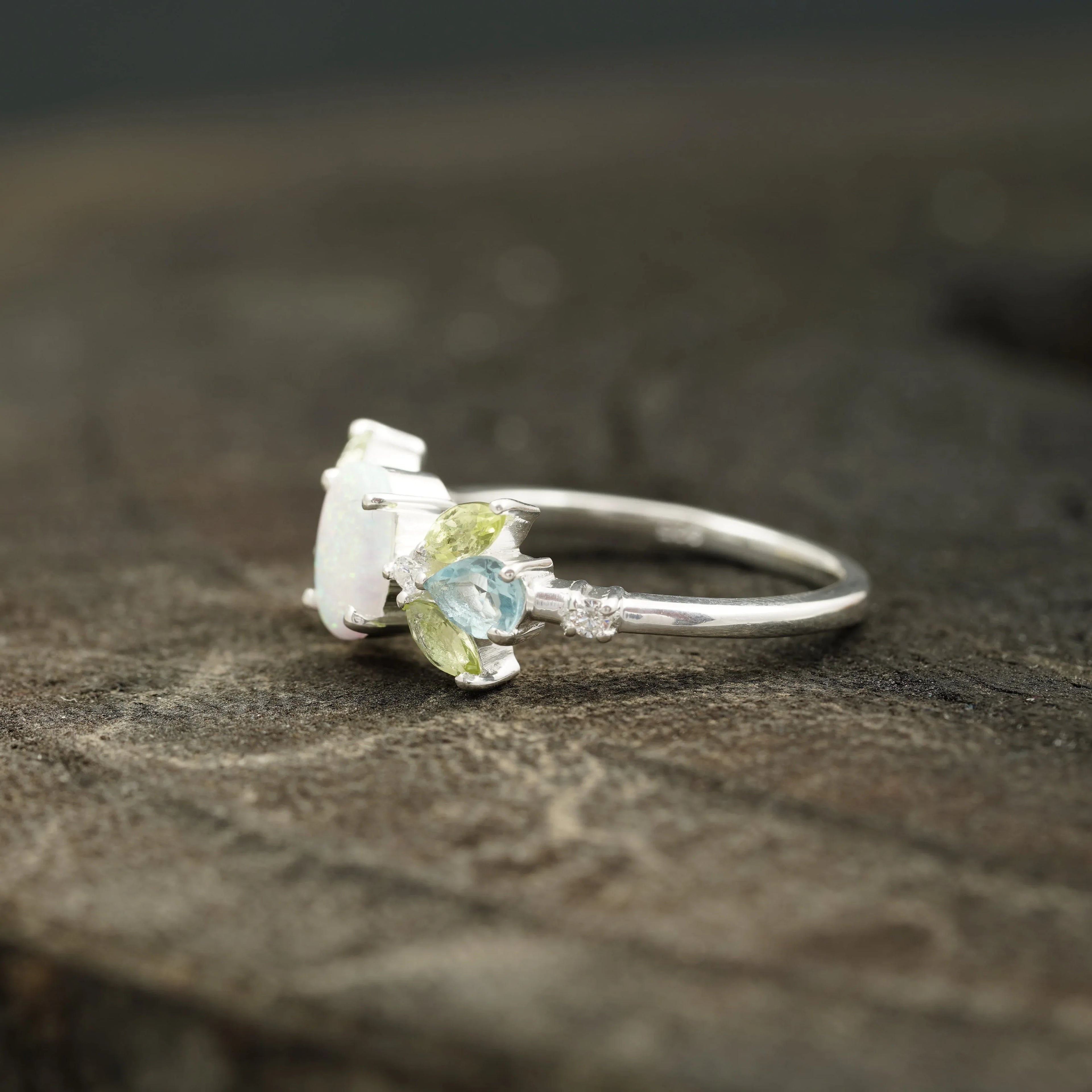 Oval Cut Fire Opal Cluster October Birthstone Engagement Ring - MinimalistJewels