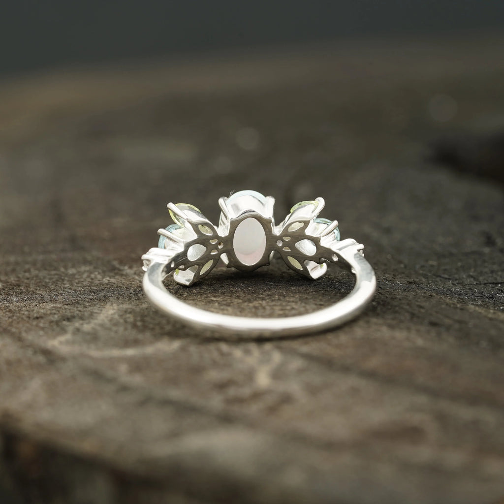 Oval Cut Fire Opal Cluster October Birthstone Engagement Ring - MinimalistJewels