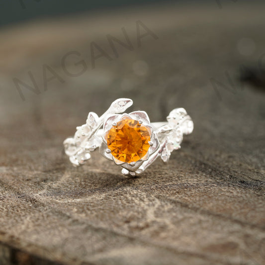 Nature Inspired Leaf Ring Round Cut Yellow Citrine Engagement Ring, Solitaire Ring, Sterling Silver