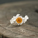 Round Citrine Leaf Engagement Ring | Nature-Inspired 925 Silver - MinimalistJewels