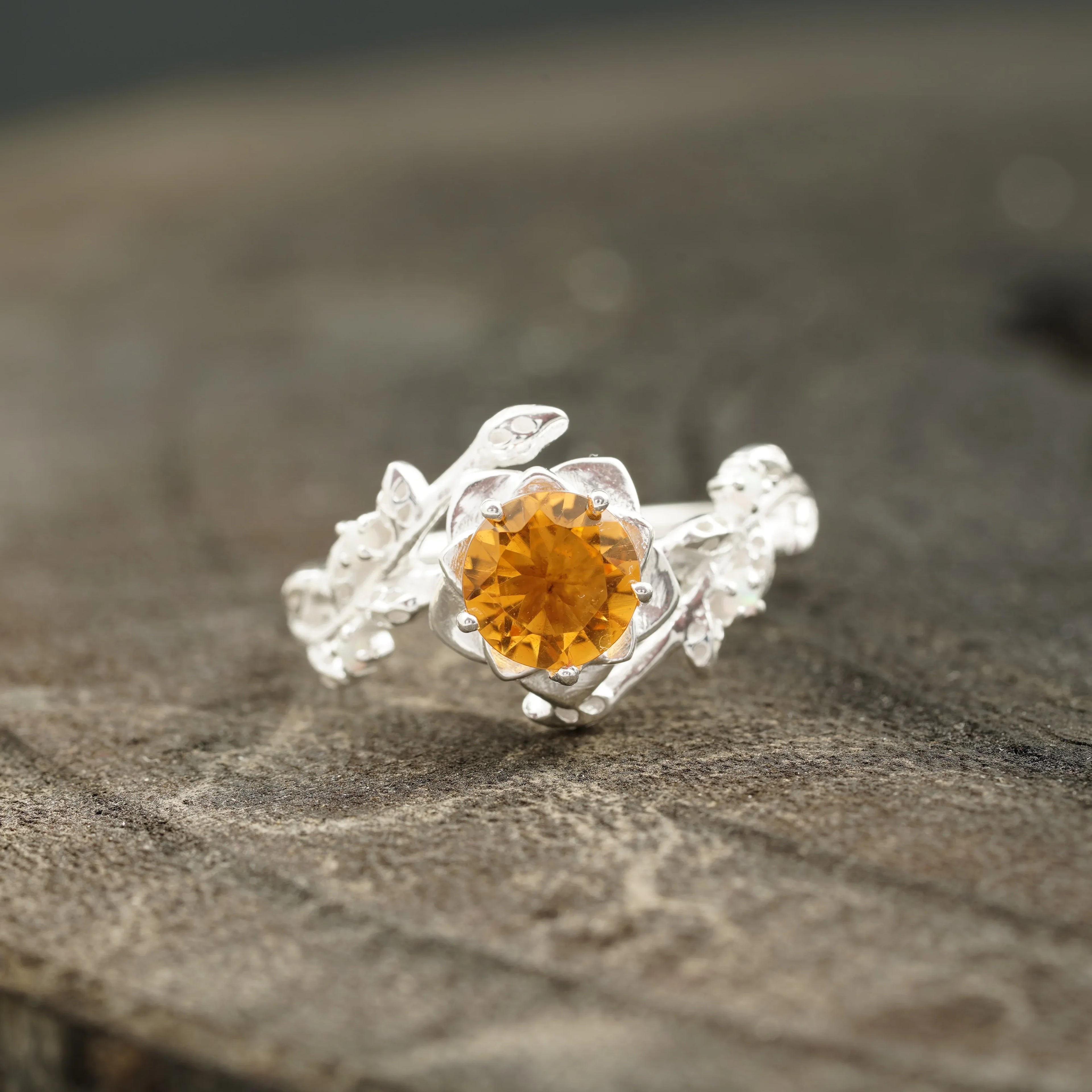 Round Citrine Leaf Engagement Ring | Nature-Inspired 925 Silver - MinimalistJewels