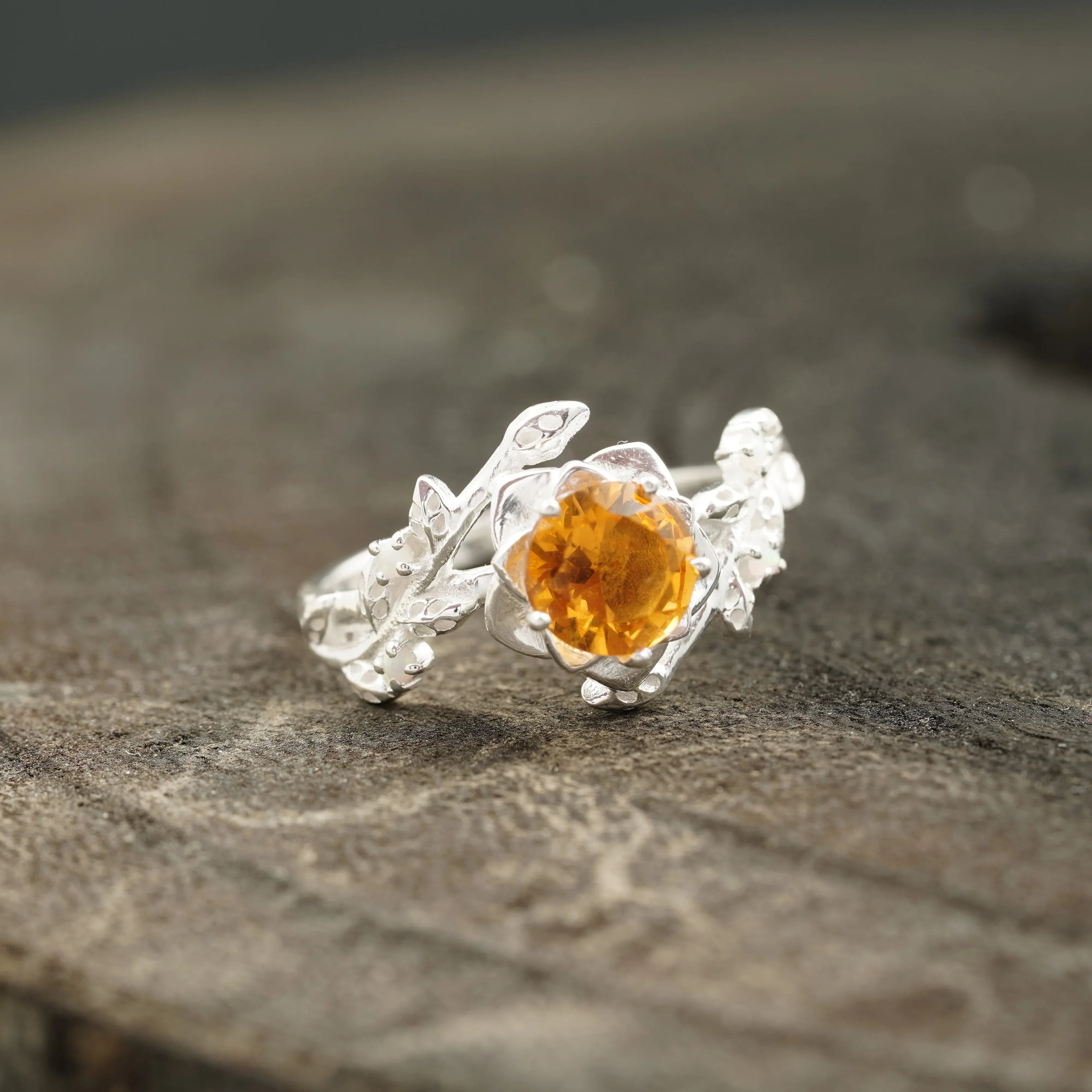 Round Citrine Leaf Engagement Ring | Nature-Inspired 925 Silver - MinimalistJewels