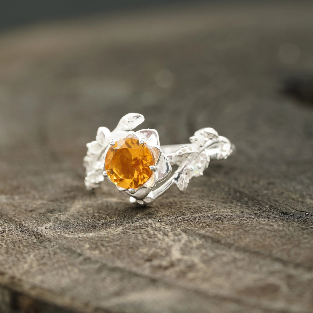 Round Citrine Leaf Engagement Ring | Nature-Inspired 925 Silver - MinimalistJewels