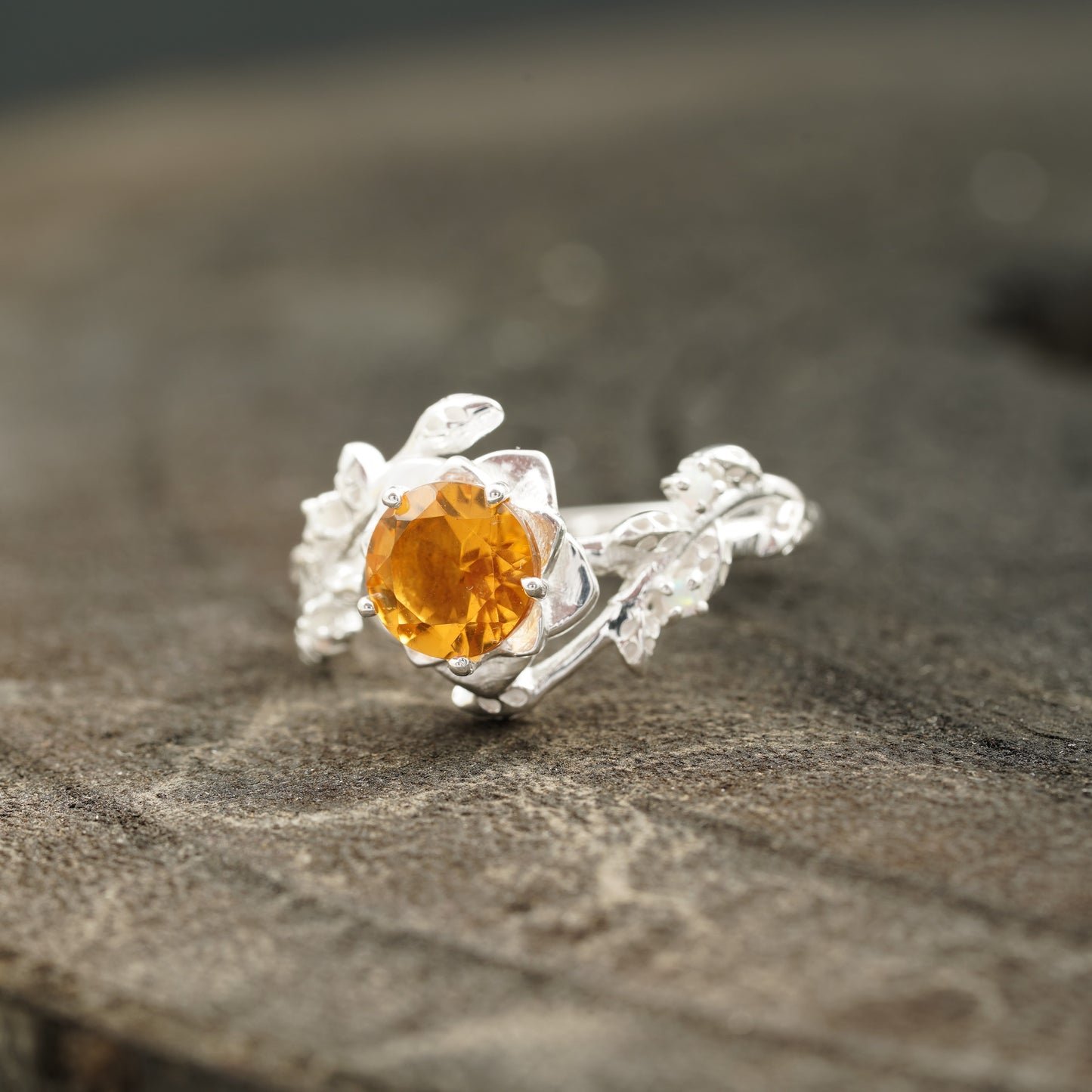 Round Citrine Leaf Engagement Ring | Nature-Inspired 925 Silver