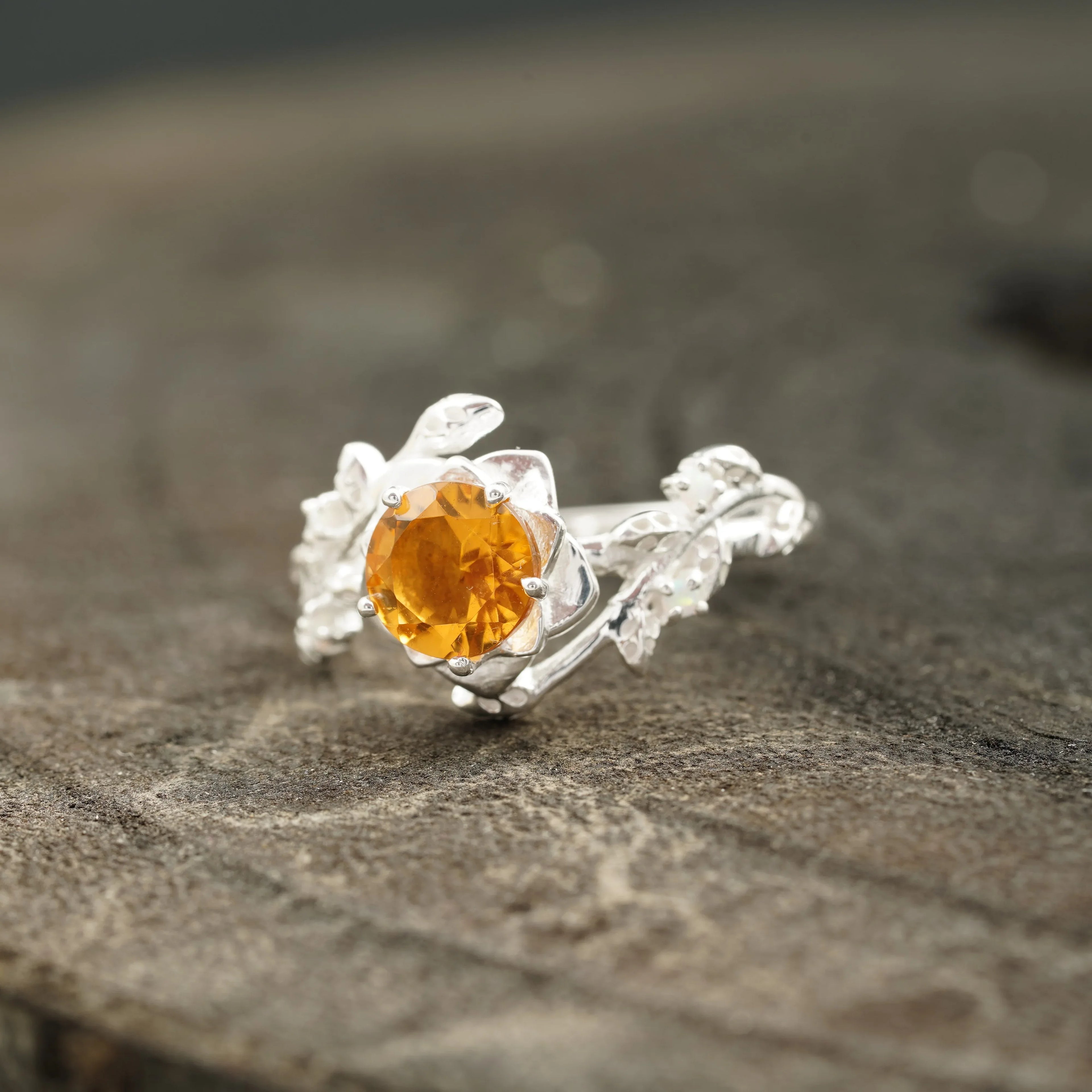 Round Citrine Leaf Engagement Ring | Nature-Inspired 925 Silver - MinimalistJewels