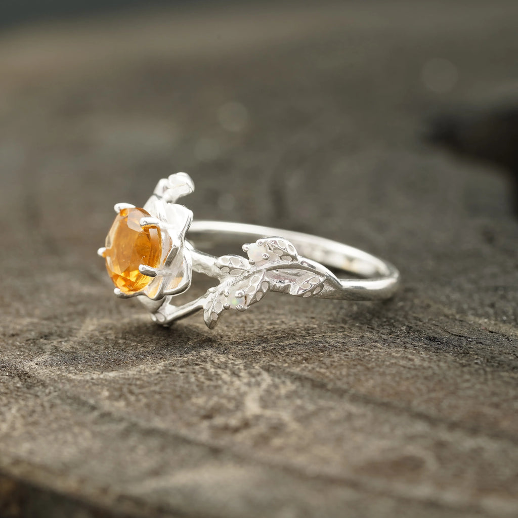 Round Citrine Leaf Engagement Ring | Nature-Inspired 925 Silver - MinimalistJewels